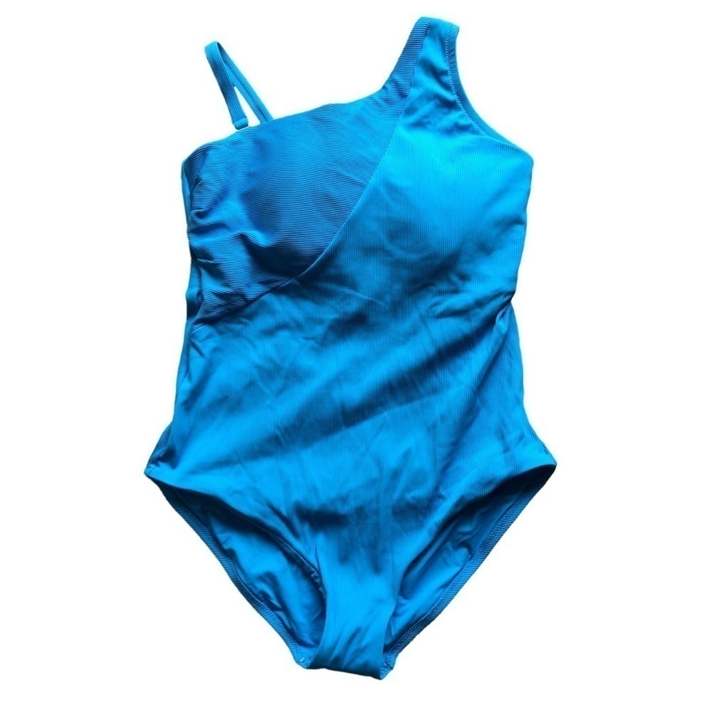 Becca NWT Blue Ribbed Knit One Shoulder One Piece Swimsuit Size 1X